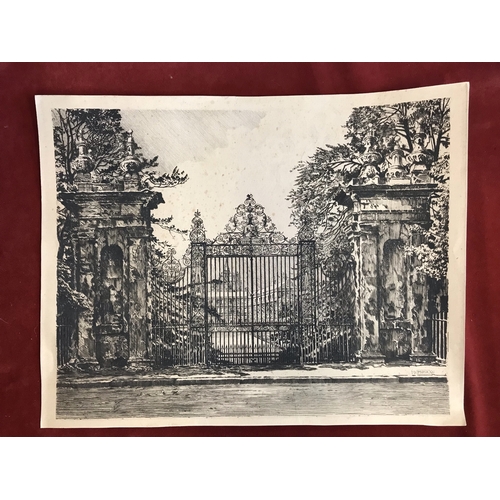 516 - Antique Etching by William Monk depicting the grand entrance and gates of a stately home, 1901 Monk.... 