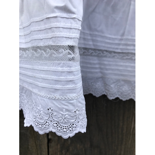 302 - Handsewn Victorian Christening gown, fine cotton with bodice panels of embroidered cutwork and Valen... 