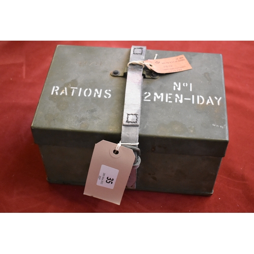 35 - British Army1950s Ration Tin No.1 '2 men-1 Day' with original label with maker J.E.S. Co. Ltd., Cont... 