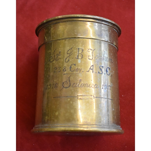 75 - British WWI Trench Art tin or treen made from two 18pr Shell cases, inscribed by Sgt J.B. Jopham, 23... 