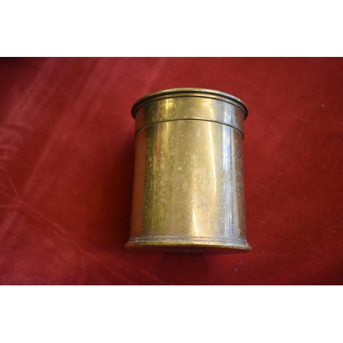 75 - British WWI Trench Art tin or treen made from two 18pr Shell cases, inscribed by Sgt J.B. Jopham, 23... 