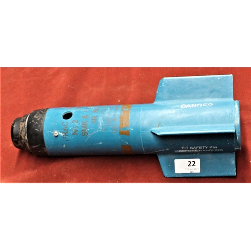 22 - British 3kg Practice Smoke and Flash Bomb No.2 MK.1 SR 800, good stencilling, in used condition miss... 