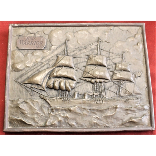 90 - HMS Warrior 1860 bronze placard,  by artist J.M. 31cms by 25cms in size and depicts HMS Warrior in f... 