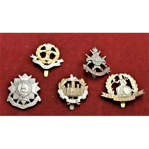 102 - British Military Cap Badges (5) including: The Norfolk Regt, Essex Regt, Sherwood Foresters Notts & ... 