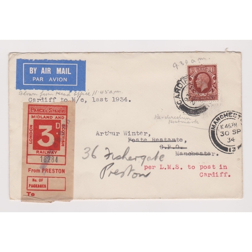 1024 - Great Britain 1934 (30 Sept) Cardiff-Manchester Airmail Flight cover with 3d LMS Paper stamp.