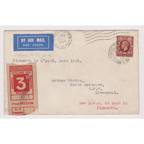 1027 - Great Britain 1934 (29 Sept) Flown cover, Airmail Plymouth to Liverpool 'per LMS to post in Plymouth... 