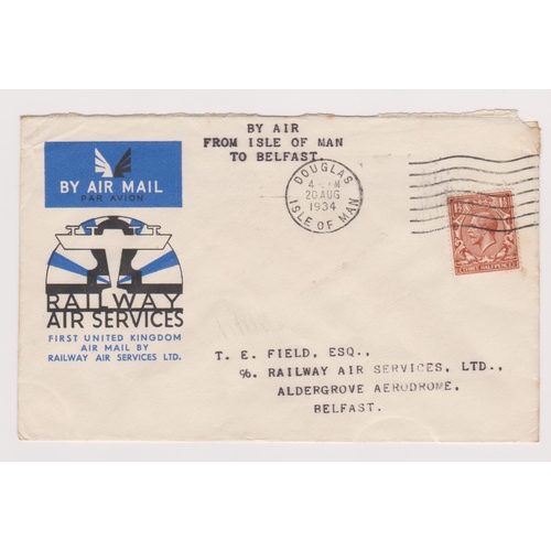 1028 - Great Britain 1934 (20 Aug) 1 1/2d Red brown to Railway Air Services FDC 'By Air from Isle of Man to... 