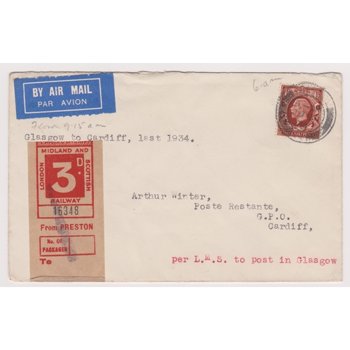 1031 - Great Britain 1939 (20 Sept) Flown Airmail Env Glasgow to Cardiff, LMS 3d Stamp per LMS to post in G... 