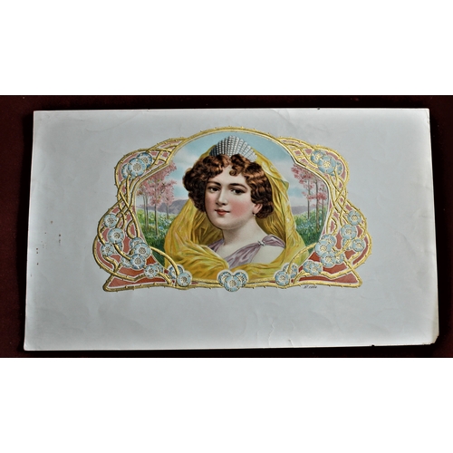 142 - Young Lady wearing a tiara & yellow scarf surround deco design no 1904; vintage cigar box label samp... 