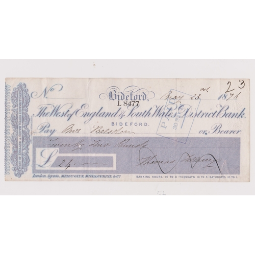 297 - Cheque 1876 the west of England and South Wales District Bank, used bearer, Bideford, blue and grey ... 