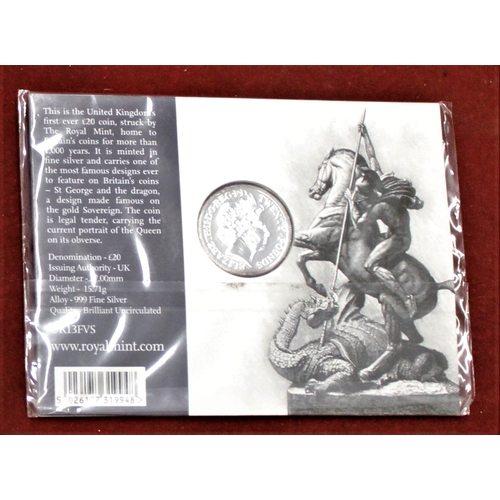 406 - Great Britain 2013 £20 silver coin depicting George and the Dragon, BUNC in Royal Mint pack