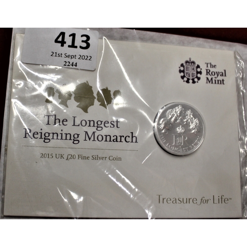 413 - Great Britain 2015 £20 silver coin commemorating the H.M. The Queen, 'The longest reigning Monarch',... 