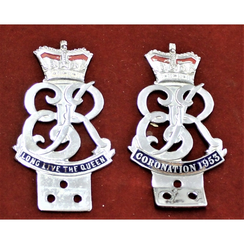 9 - Chrome Car Badges - Two Quality Badges 'Coronation 1953' and 'Long Live The Queen' on blue and red e... 