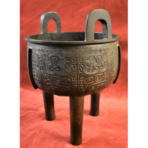 475 - Chinese 18th-19th Century late Ming/early Qing archaistic circular Bronze censer with two vertical U... 