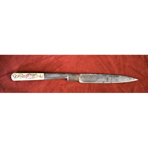 26 - 19th century Corsican Vendetta knife the 25.5 cm folding blade etched with foliage and inscriptions:... 