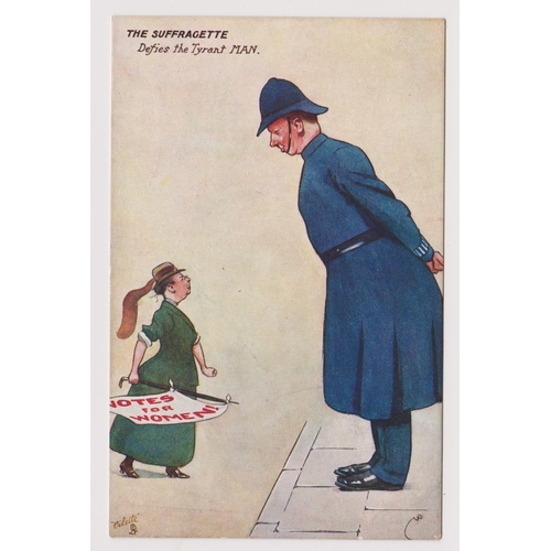 101 - Suffrage. The Suffragette Defies the Tyrant Man, A policeman confronted by a protesting woman carryi... 