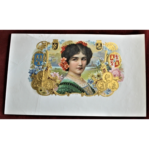 139 - Cigar box label vintage sample/proof Lady surrounded by flowers & gold coins no 14209