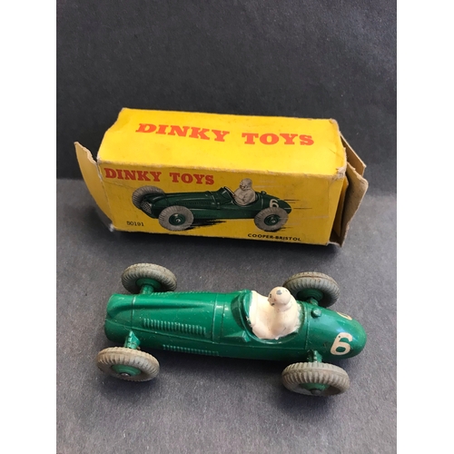 201 - Dinky Toy Cooper Bristol Racing Car Model 23G Green. Played, worn. Boxed. MU £45 Issued Feb 1953