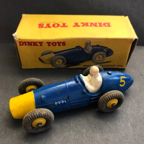 205 - Dinky Toy Ferrari Racing Car Model 23H Blue/Yellow nose. Played, worn, boxed. MU £50 Issued 1953