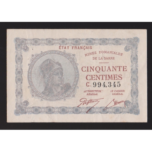 233 - Sarre (French State) banknote 1919 50 centimes, P1, GVF & Scarce