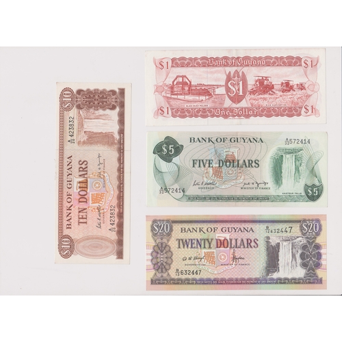 237 - Guyana banknotes 20 dollars (P30), 10 Dollars (P23e), 5 dollars (P22f) AUNC, 1 dollar (P219) (4)