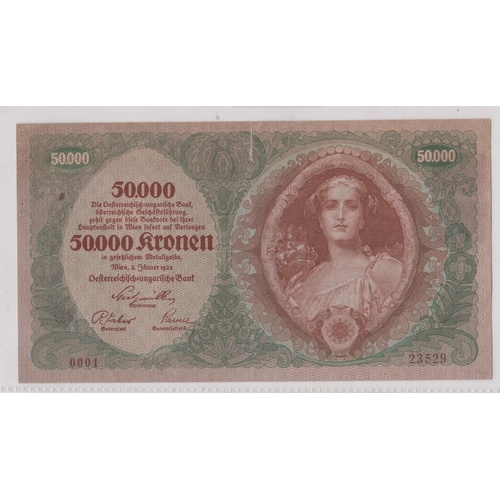 244 - Austria banknote - 1922  50,000 Kronen, P80, AVF. Centre top tear.