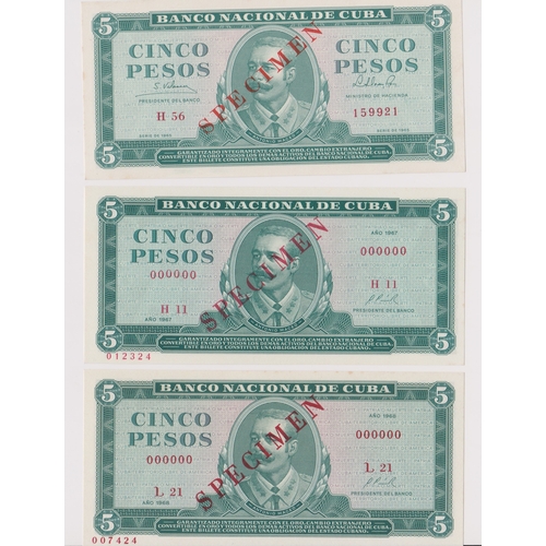 248 - Cuba banknotes 1965, 1967 & 1968 5 pesos, 95/103, AUNC overprinted specimen (3)