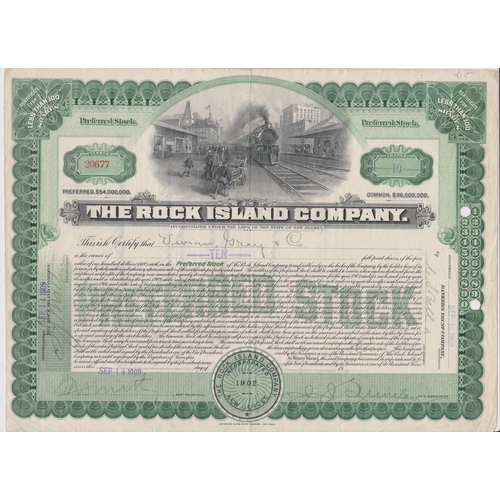 266 - Bonds/shares. 1909 The Rock Island Company Share Certificate Steam Locomotive at station with activi... 