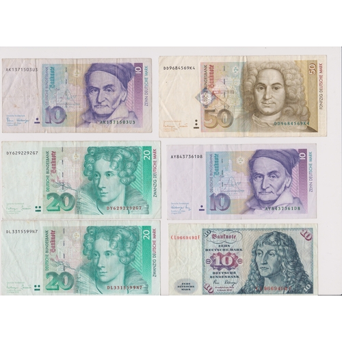 273 - Germany banknotes, 1996 50 DM, P45, 1991 20 DM, P39a (2), 1989 10 DM, P38 (2), 1980 10 DM, P27c, VF ... 