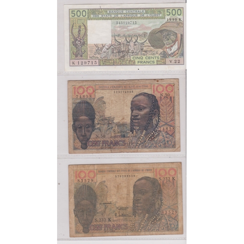 285 - West African States 1957 and 1965 100 francs, VG and 1990 500 francs EF (3)