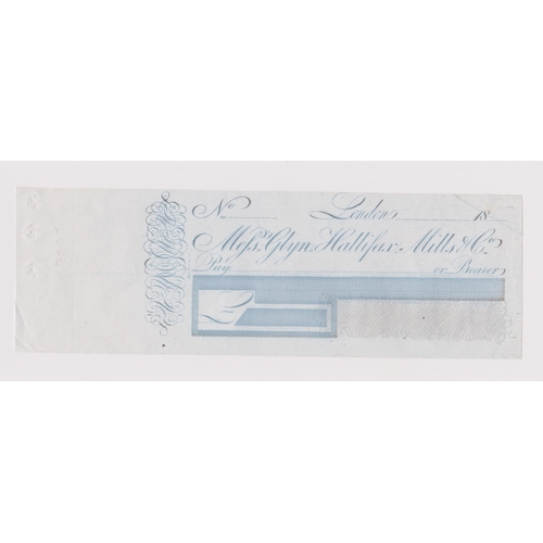 295 - Cheque Glyn, Halifax, Mills & Co 18 - unused, pale blue on white