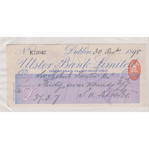 298 - Cheque 1898 Ulster Bank Limited, Dublin, Pembroke Branch, used