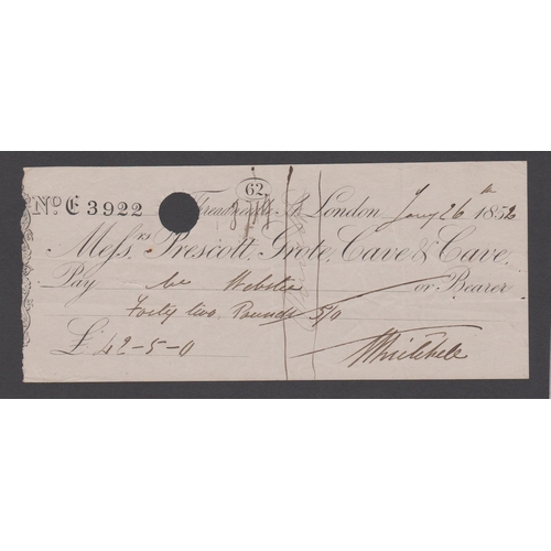 299 - Cheque Prescott, Grote, Cave & Cave,62  Threadneedle Street, London-used Bearer -No Revenue, black o... 