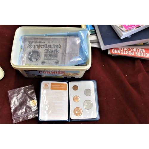 351 - Mixed Coins and Banknotes - includes 1953 set Farthing to Crown, Aunc set, and a 1911 gold half sove... 