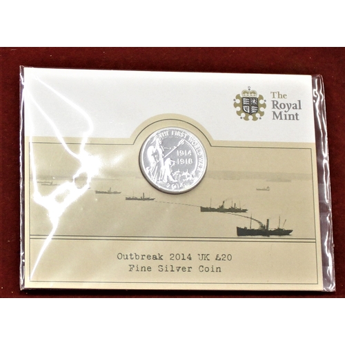 407 - Great Britain 2014 Centenary of the outbreak of the First World War £20 silver coin, BUNC in Royal M... 