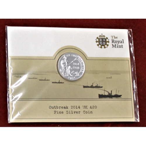 408 - Great Britain 2014 Centenary of the outbreak of the First World War £20 silver coin, BUNC in Royal M... 