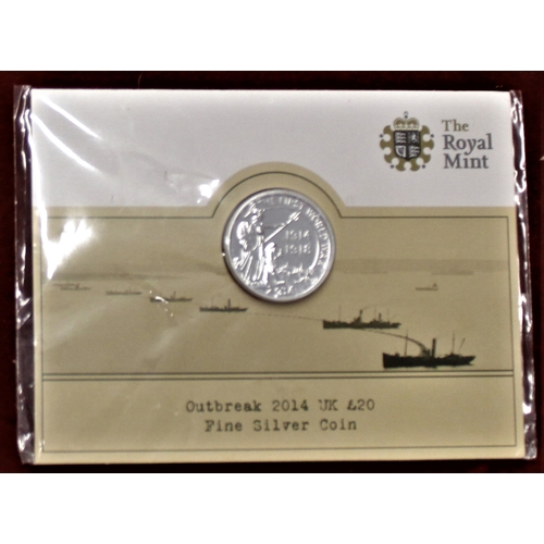 409 - Great Britain 2014 Centenary of the outbreak of the First World War £20 silver coin, BUNC in Royal M... 