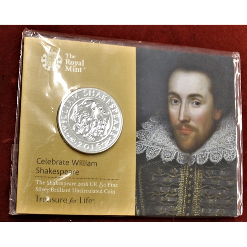 417 - Great Britain 2016 £50 silver coin, commemorating the 400th anniversary of Shakespeare, BUNC in Roya... 