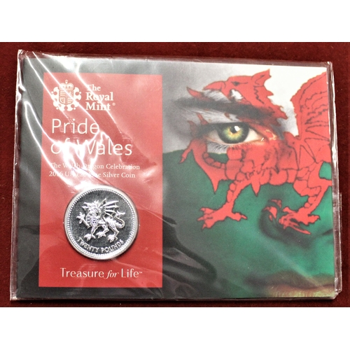 419 - Great Britain 2016 £20 silver coin to celebrate the Welsh Dragon, The reverse designed by Norman Sil... 