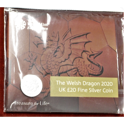 420 - Great Britain 2020 £20 silver coin to celebrate the Welsh Dragon, The reverse designed by Norman Sil... 