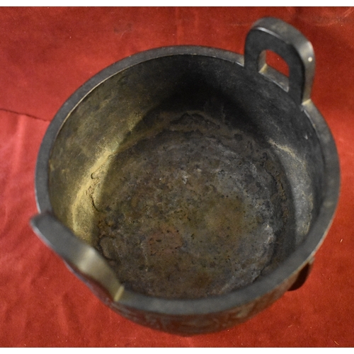 475 - Chinese 18th-19th Century late Ming/early Qing archaistic circular Bronze censer with two vertical U... 