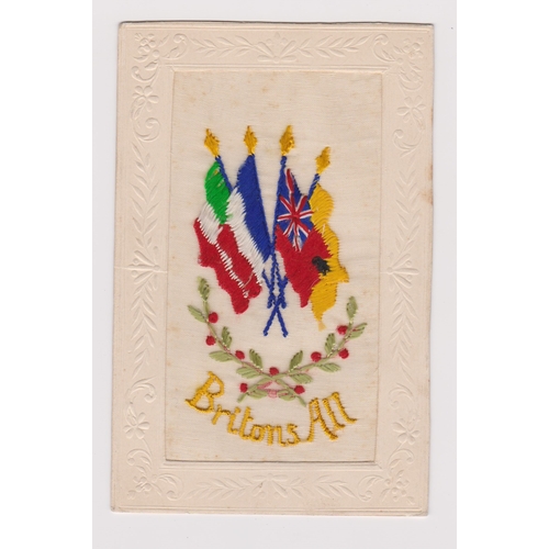 95 - Great Britain WWI Silk Postcard, 'Britons All' with flags of the Allies, slightly toned