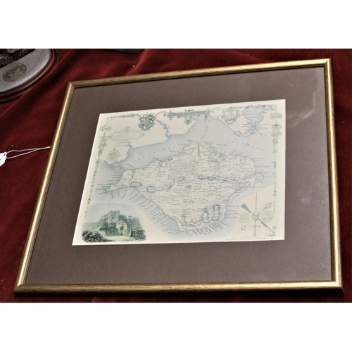 523 - Framed maps including, a print of an old map of the Isle of Wight in a gold frame, brown mount. A fr... 