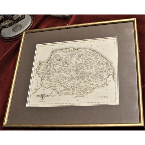 523 - Framed maps including, a print of an old map of the Isle of Wight in a gold frame, brown mount. A fr... 