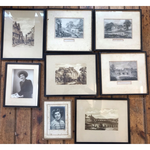 482 - Eight vintage framed photos including a lady and prints of various scenes including 