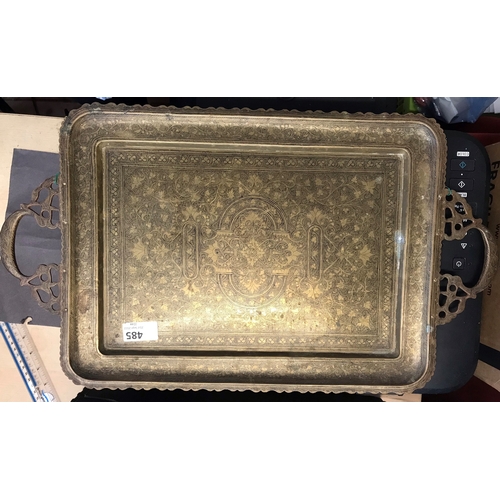 485 - Decorative Brass Tray 21 ins x 12 ins, metal, engraved with floral design patter