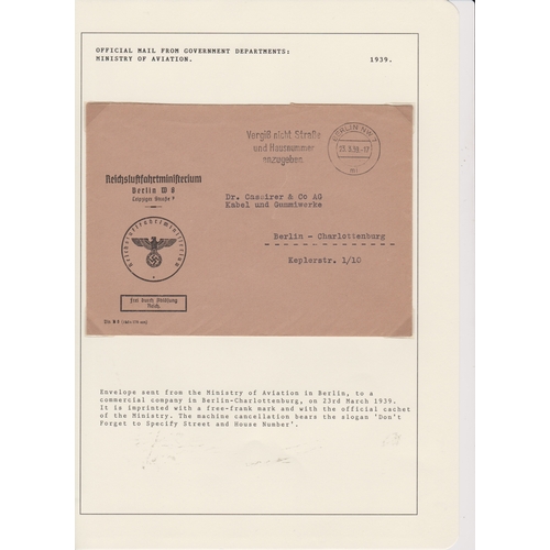 10 - Germany 1939 Government Department Official Mail envelope posted by the Ministry of Aviation to a co... 