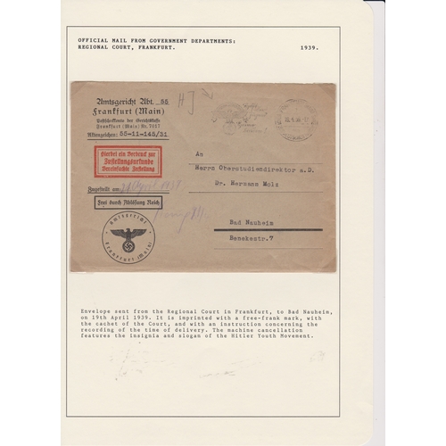 12 - Germany 1939 Official Government Department Mail envelope sent from Frankfurt Regional Court to Bad ... 