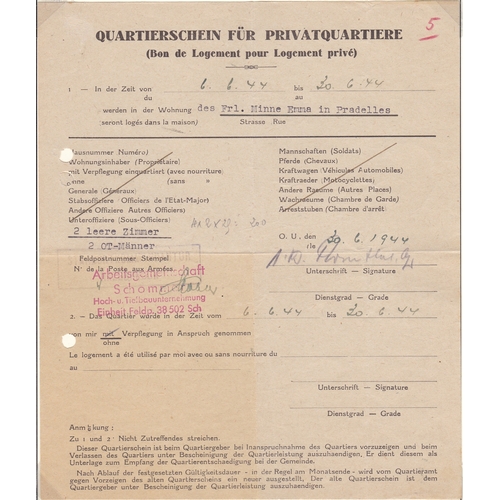 38 - Germany 1944 Military Requisitioning Form Billeting 2 German agents of Todt organisation with French... 