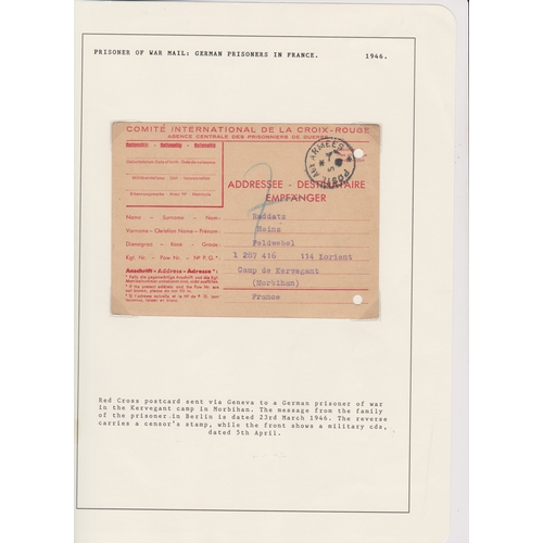 62 - Germany 1946 POW Mail Red Cross POW card sent via Geneva to German POW in Kervegant Camp Morbihan Fr... 